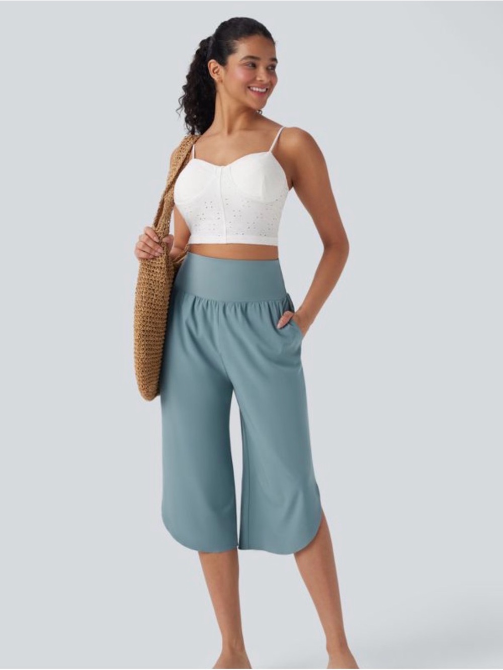 Halara Breezeful High Waisted Tummy Control Split Hem Capri Pants Blue NEW M